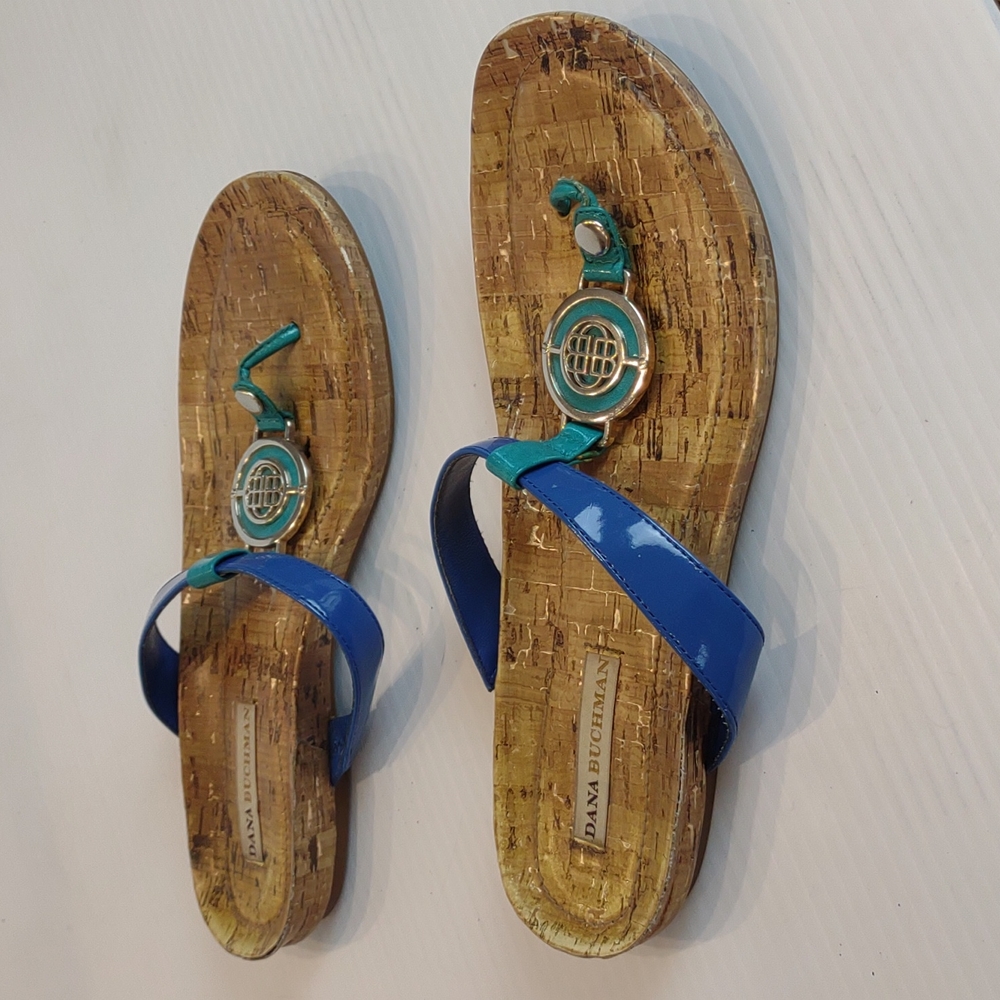 Dana Buchman Blue/Teal Straps Silver Medallion Thong Flat Sandals - Picture 5 of 13